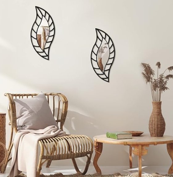2 Pcs Small Mirror Wall Decor Mounted Art Leaf Mirror