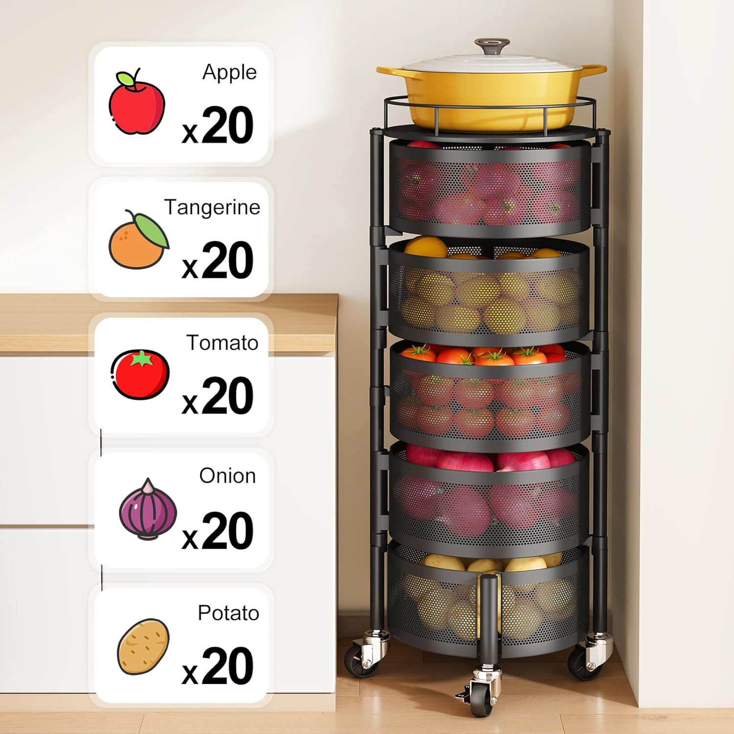 Rolling Basket Rack for Kitchen